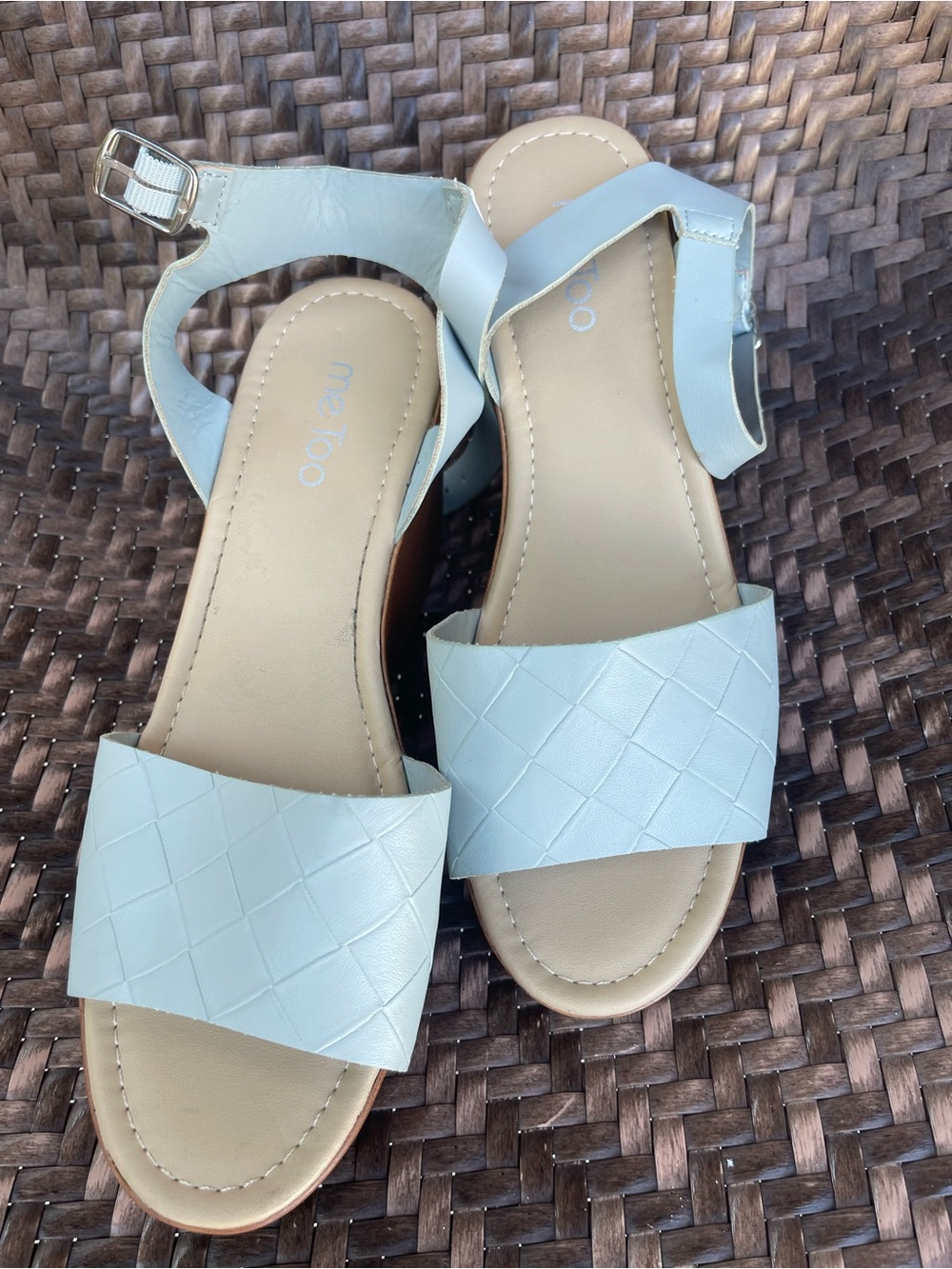 me too Light Blue Woven Front Strap Ankle heels